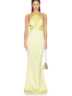 Retrofete Lemon Halter Cutout Satin Maxi Dress